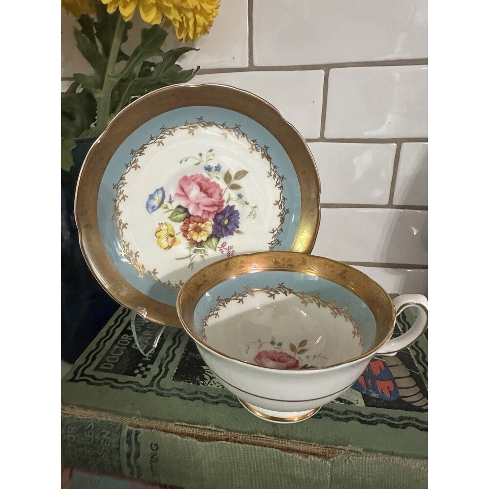 Royal Grafton Fine Bone China Turquoise & Gold  Tea Cup & Saucer Cottage Core